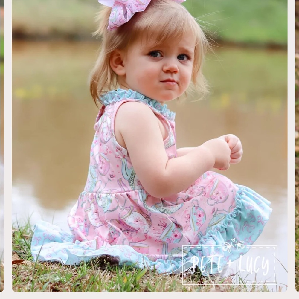 Pete + Lucy Cherry Blossom Tea Party Dress Pink & Blue Ruffle Dress, Size 6 - Picture 4 of 12